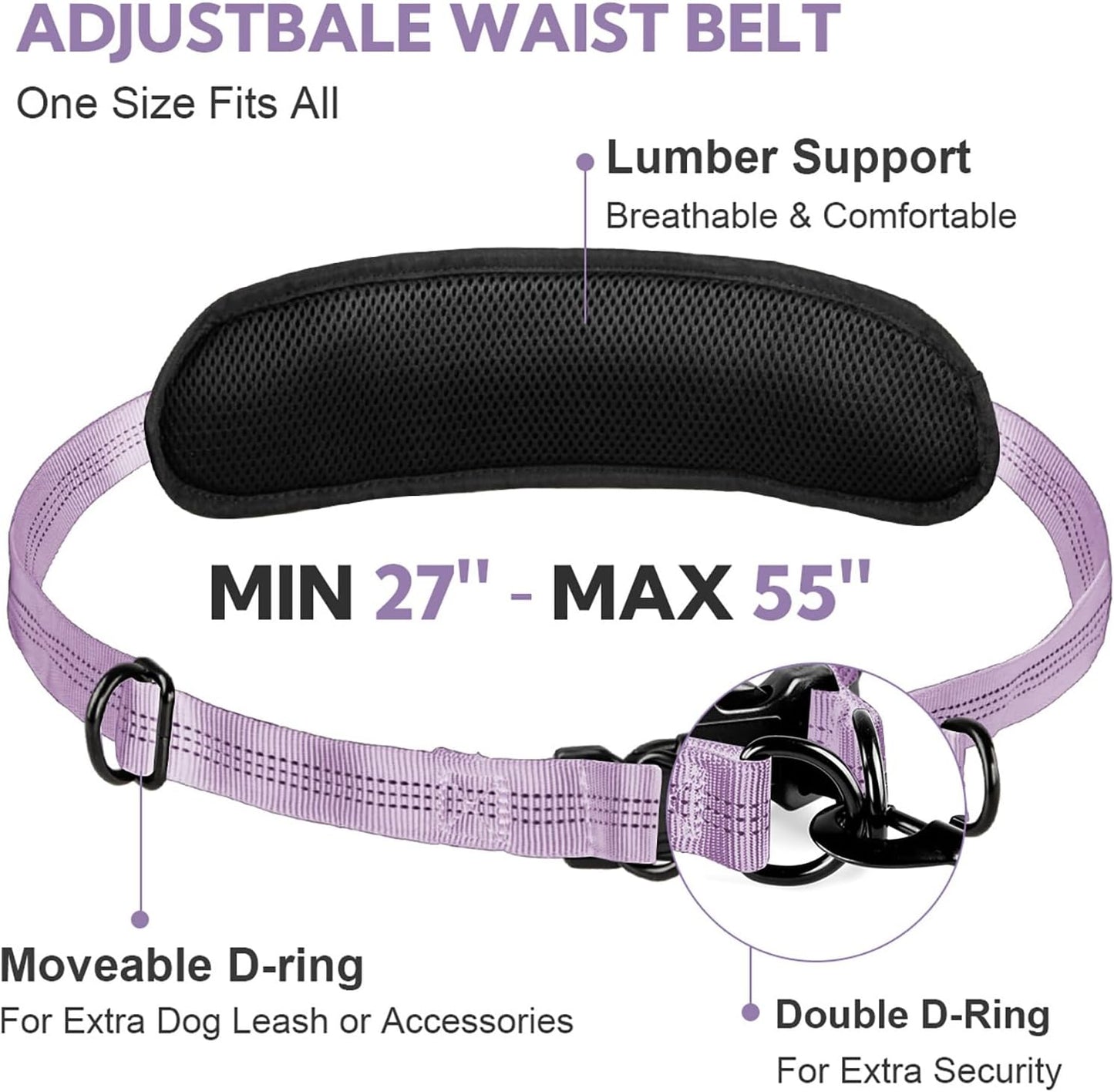 Hands Free Dog Leash, Adjustable Waist Belt with Double Padded Handles,Retractable Bungee, Waist Leash for Dog Walking,Running, No Pull,Purple