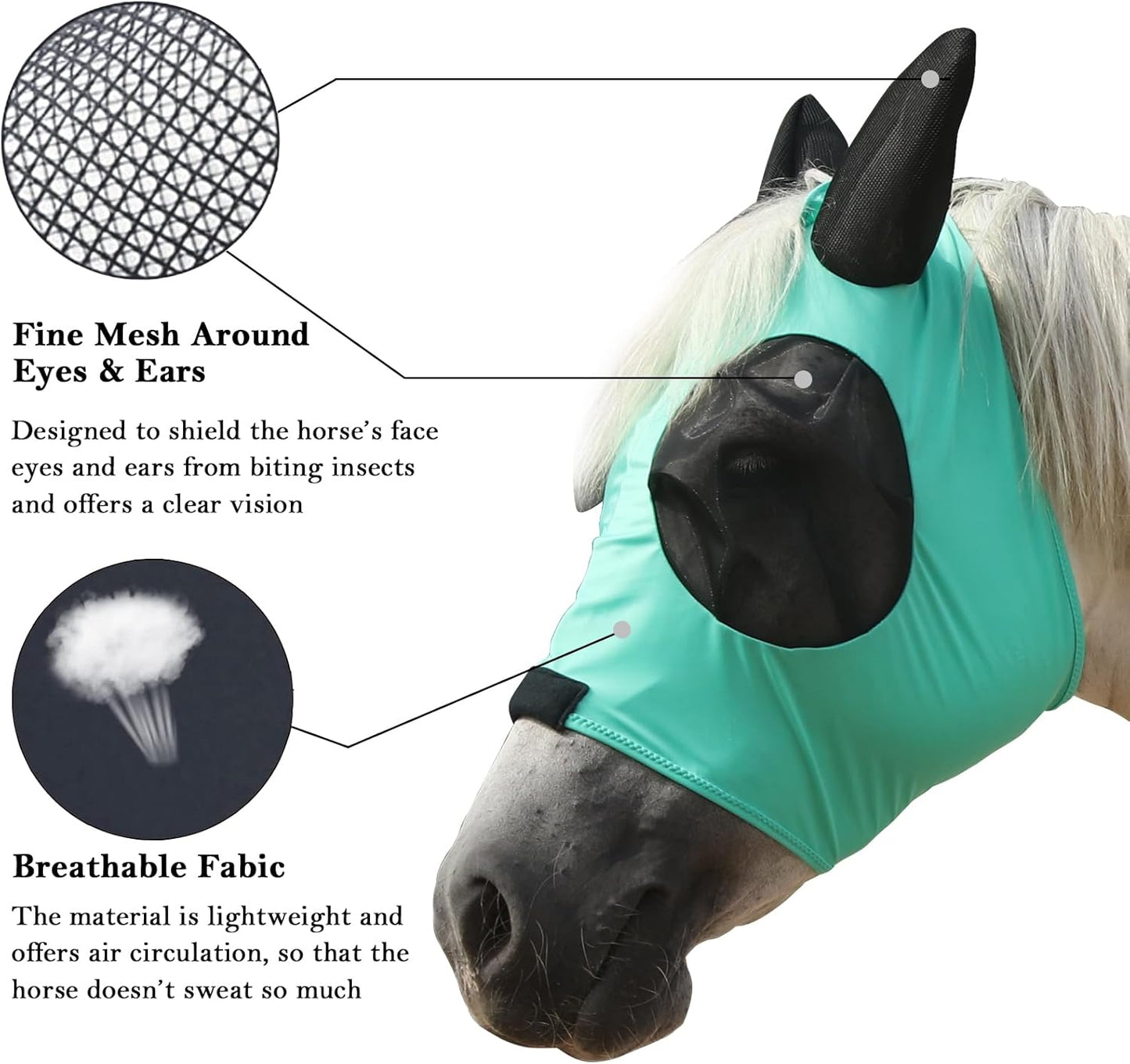 Horse Fly Mask with Ears - Large Eye Space for Full Vision, Breathable Stretch Comfort Fit, UV Protection, Forelock Opening, Easy Pull-On Green Pony