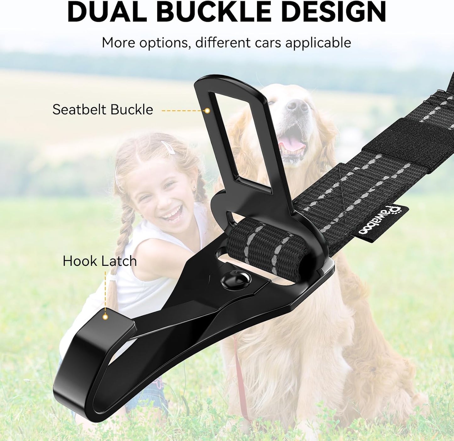 Pawaboo 2Pack Dog Seatbelt for Car, 3-in-1 Dog Car Seat Belt Bungee,Shockproof Dogs Tether for Car with Buckle & Hook Latch, Adjustable Reflective Dog Car Harness Leash with 360° Lockable Buckle,Black