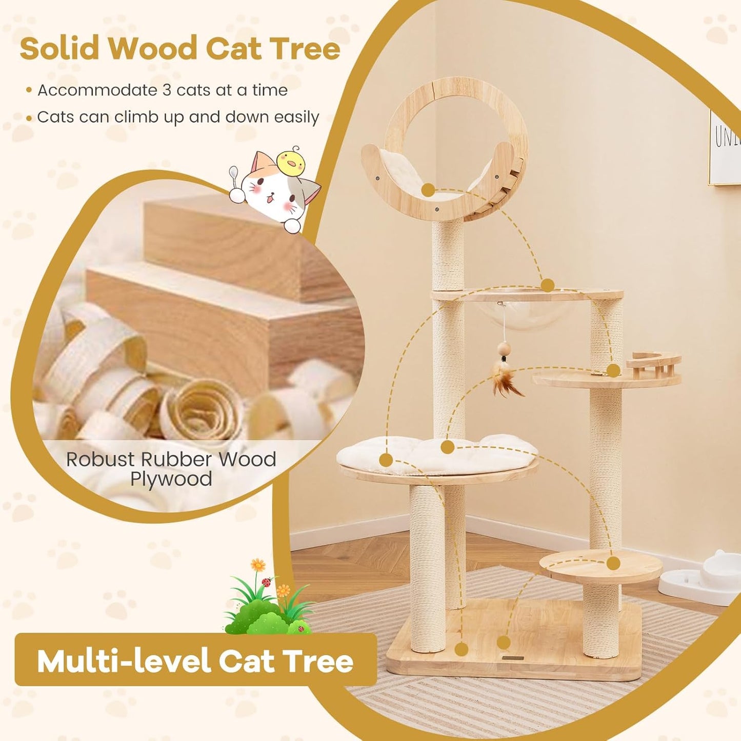 PETSITE 57 Inches Tall Wooden Cat Tree, Multi-Level Cat Tower with Scratching Posts, Space Capsule Bed, Padded Platform and Hanging Ball, Modern Transformable Cat Tree Tower for Indoor Cats Large