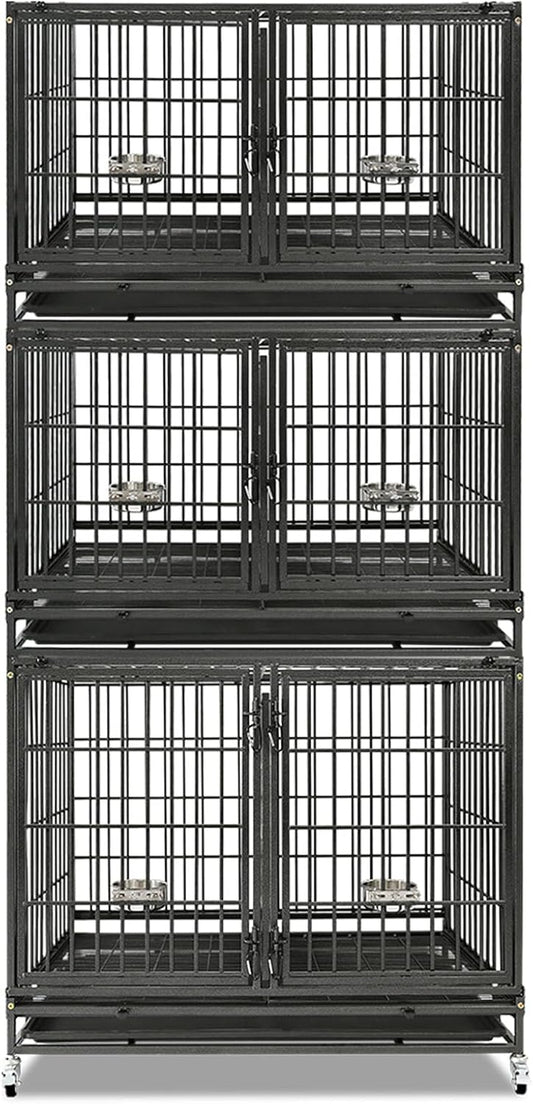 Homey Pet 43 Inch Stackable Heavy Duty Dog Crate Cage Kennel with Lockable Wheels, Removable Tray & Grid, Divider, Feeding Bowls, Escape Proof Drop Cage Bank for Small Medium Large Sized Dogs(3 Tiers)
