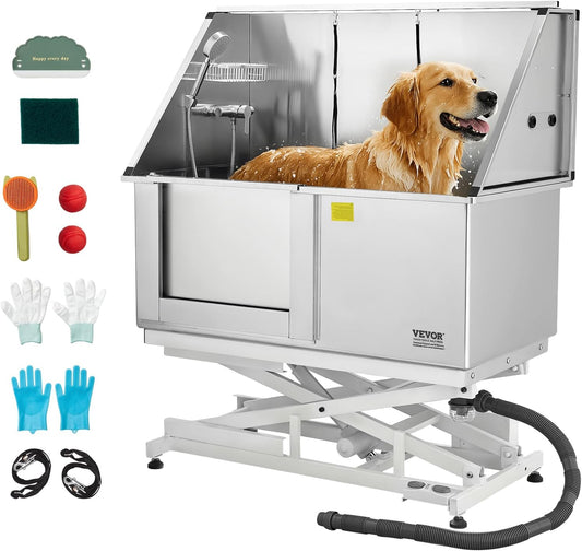 VEVOR Electric Lift Dog Washing Station, 50 inch Professional Stainless Steel Pet Grooming Tub w/PE Water Filter Board, Faucet & Showerhead Dog Bathtub Washing Sink for Multiple Pets (Left Door)