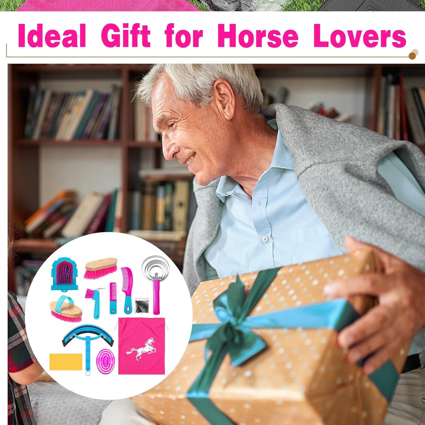 Abbylike 12 Pieces Horse Grooming Kit Racing Festival Tack Room Supplies Horse Brush Sets Equine Care Cleaning Kit Shedding Grooming Massaging Tools(Rose Red)