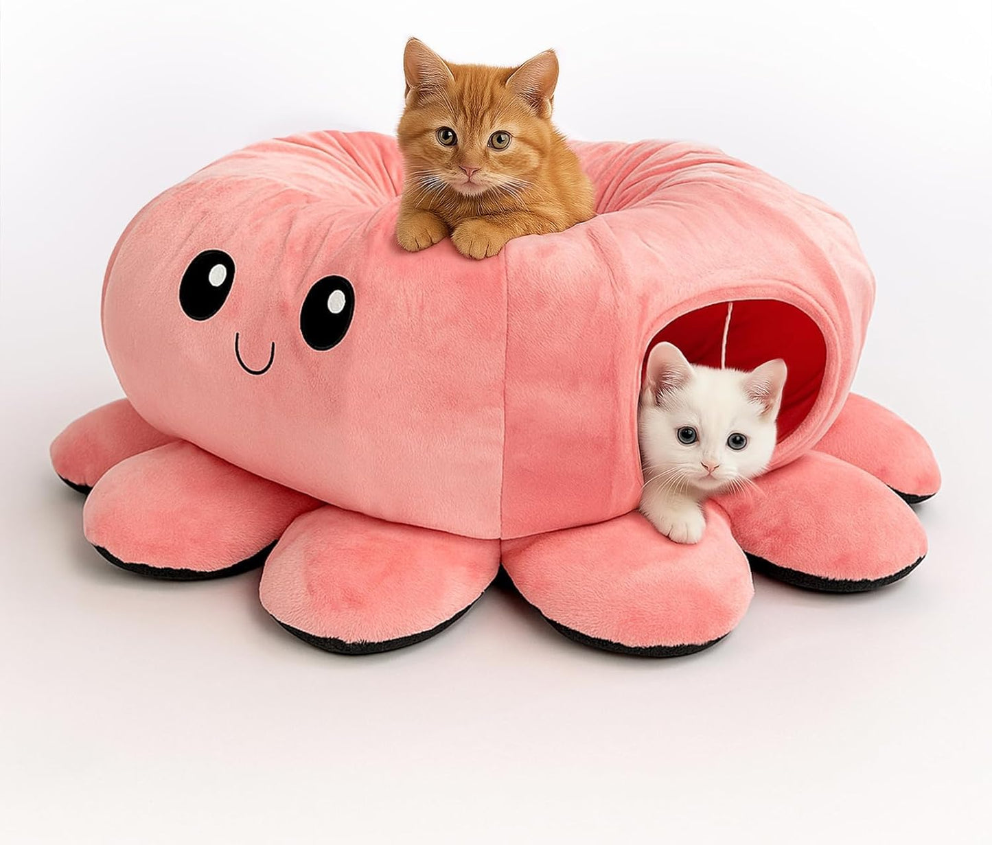 Cat Tunnel Bed for Indoor Cats, Peekaboo Cat Cave Bed,Soft Cat Donut Tunnel for Kitten Large Cats, Cute Pink Octopus Shaped
