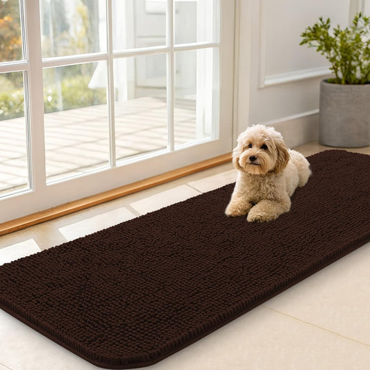 OLANLY Dog Door Mat for Muddy Paws 59x20, Absorbs Moisture and Dirt, Absorbent Non-Slip Washable Doormat, Quick Dry Chenille Mud Mat for Dogs, Entry Indoor Entryway Carpet for Inside Floor, Brown