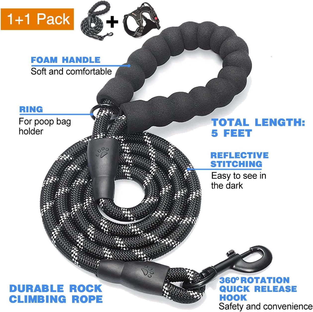 No Pull Harness with A Free Heavy Duty 5ft Leash for Medium Large Dog Adjustable Reflective Oxford Easy Control (L (Neck: 18"-25.5", Chest: 24.5"-33"), Black Harness+Leash)