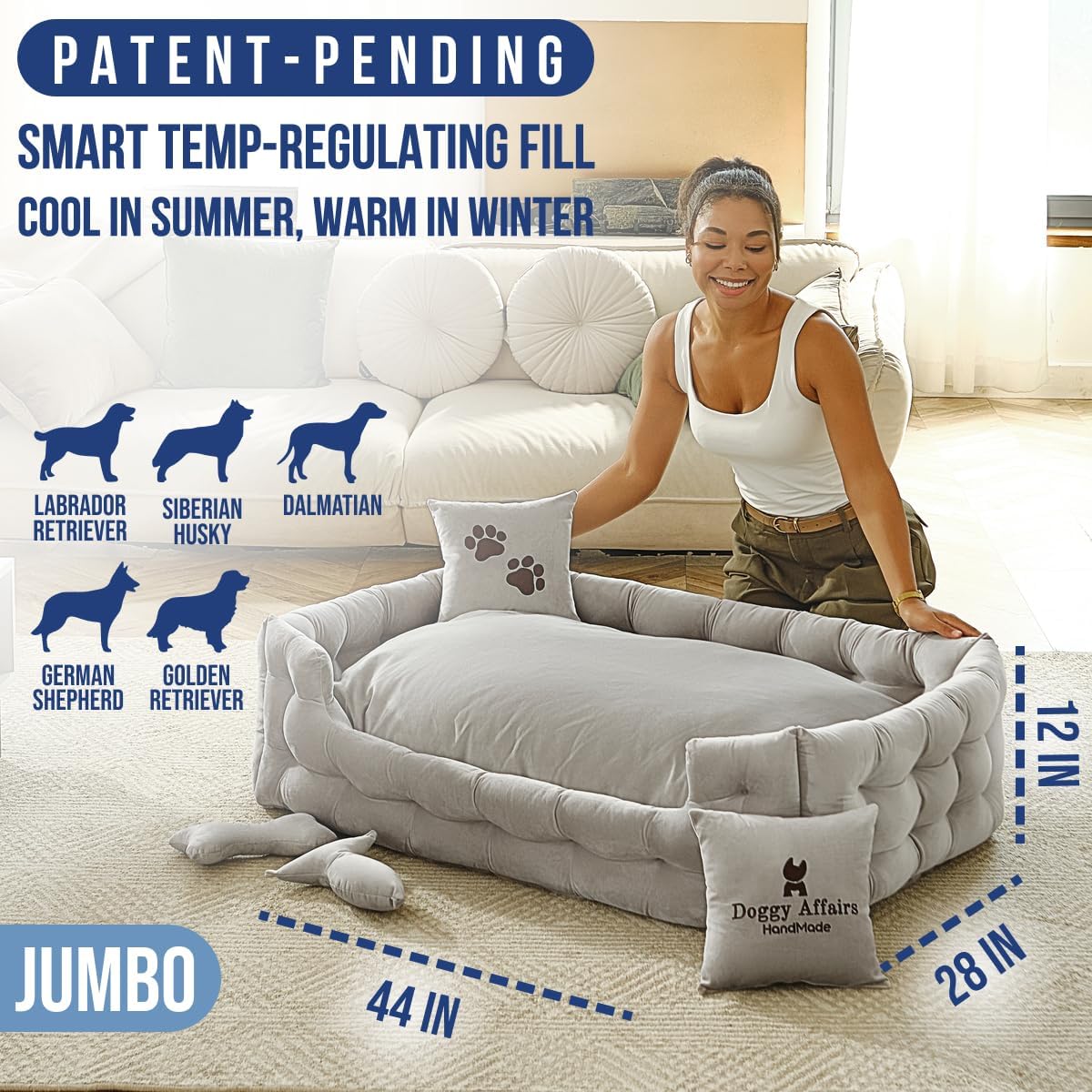 Luxury Dog Bed Chesterfield – Handcrafted Velvet Throne for Dogs | Joint Support, Calming & Temp-Regulating Comfort | Durable 5+ Years, Anti-Claw, Washable 100+ Times – XL, Grey