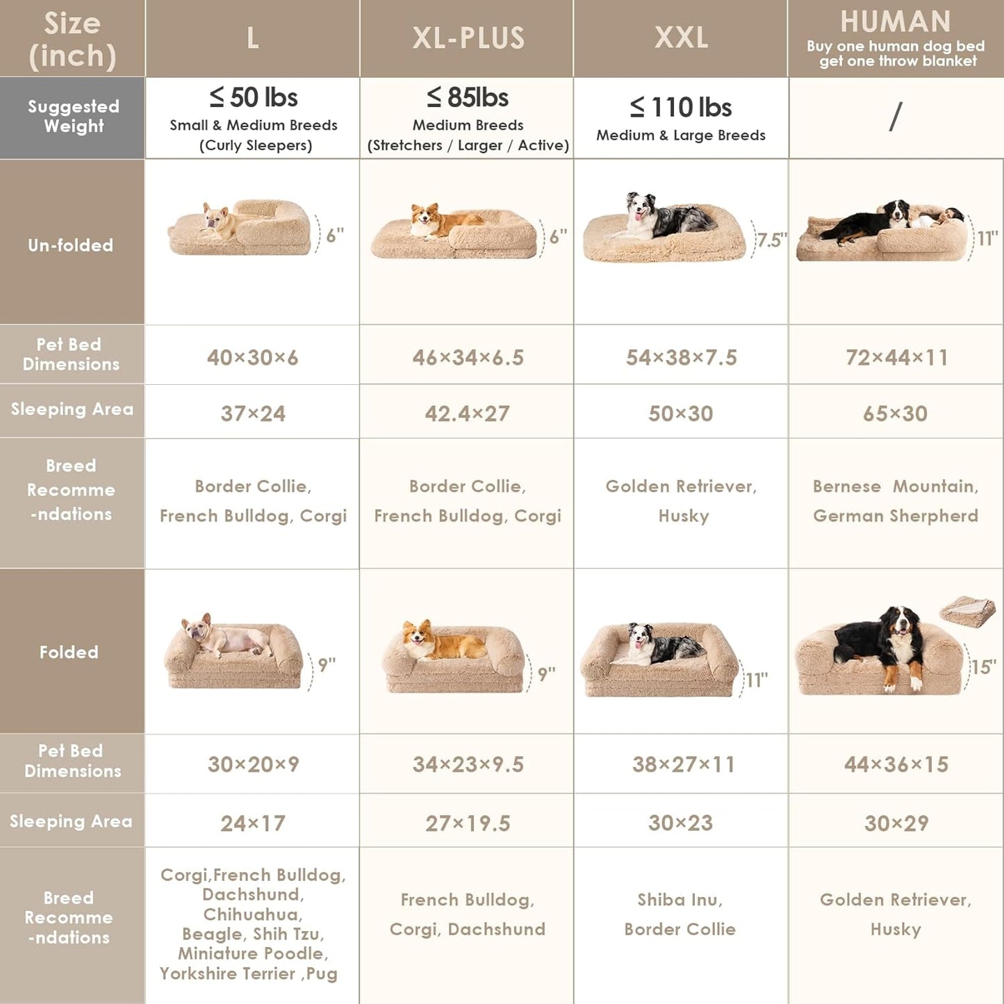 EHEYCIGA Foldable XL Dog Bed, Faux Fur Fluffy Pet Couch Bed for Large Dogs, Orthopedic Calming Memory Foam Big Pet Bed, Washable Soft Pet Sofa Bed with Non-Slip Bottom, Camel, 46"x34"x6.5"