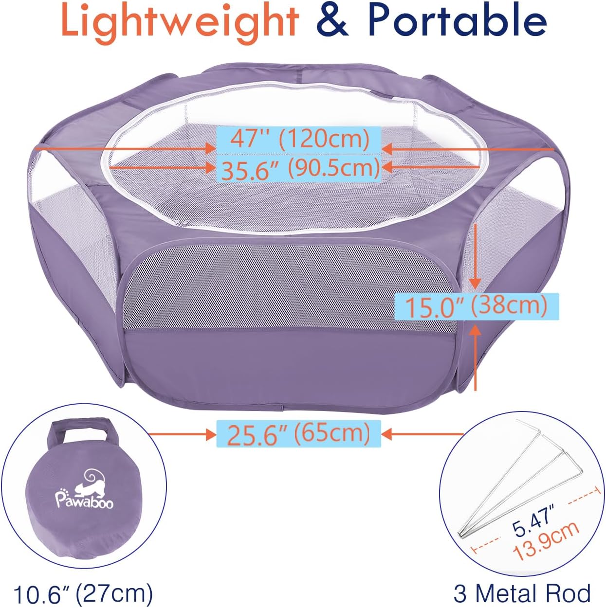 Pawaboo Small Animals Playpen, Waterproof Small Pet Cage Tent with Zippered Cover, Portable Outdoor Yard Fence with 3 Metal Rod for Chick/Kitten/Puppy/Guinea Pig/Rabbits/Hamster/Chinchillas, Purple