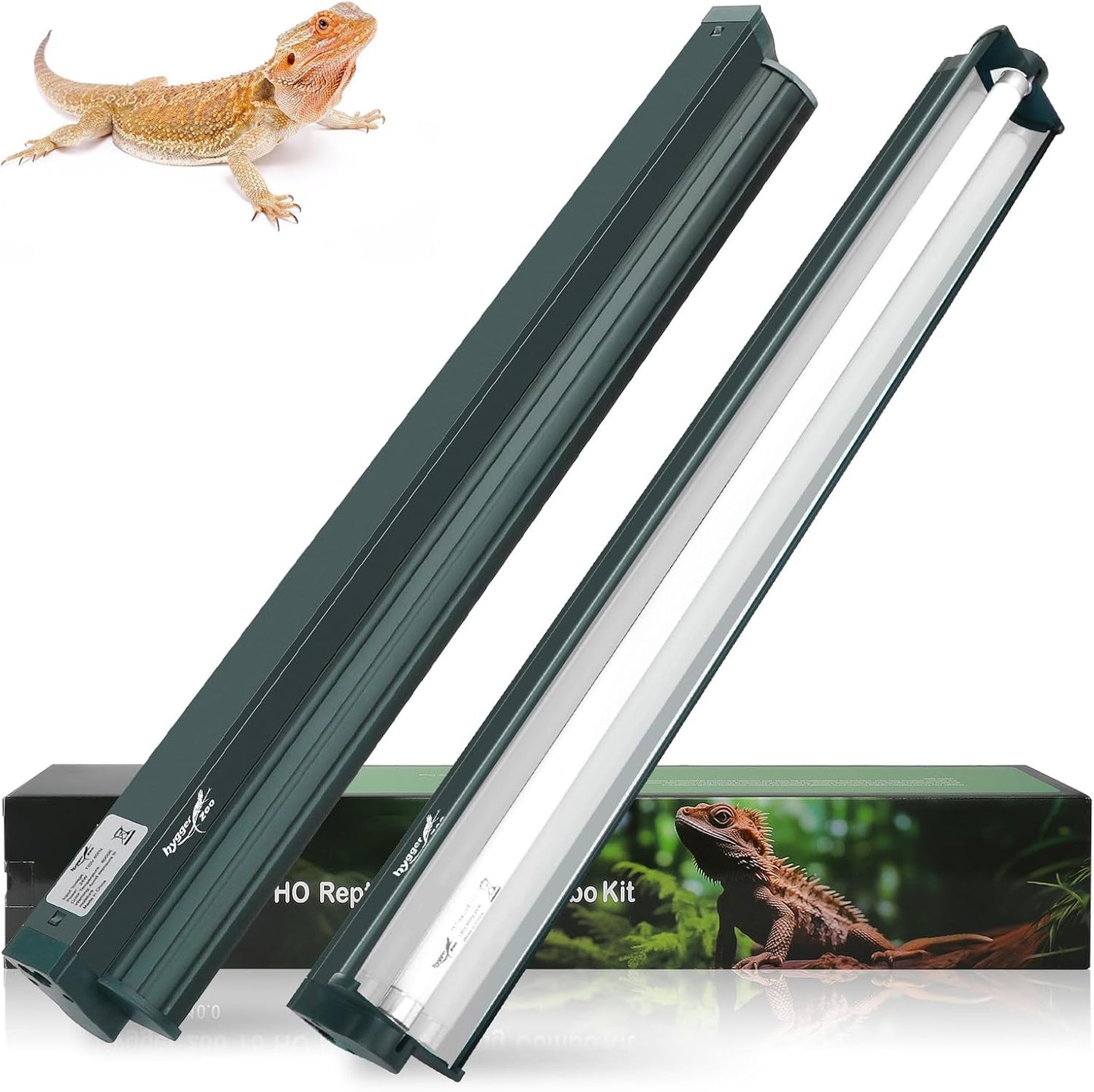 T5 Reptile Light Fixture Green Combo Kit 24W Light Fixture Reptile Terrarium Hood 10.0 UVB Light Bulb Fluorescent Tube Ideal for Tropical and Deserts Such as Bearded Dragon Lizards and Tortoises