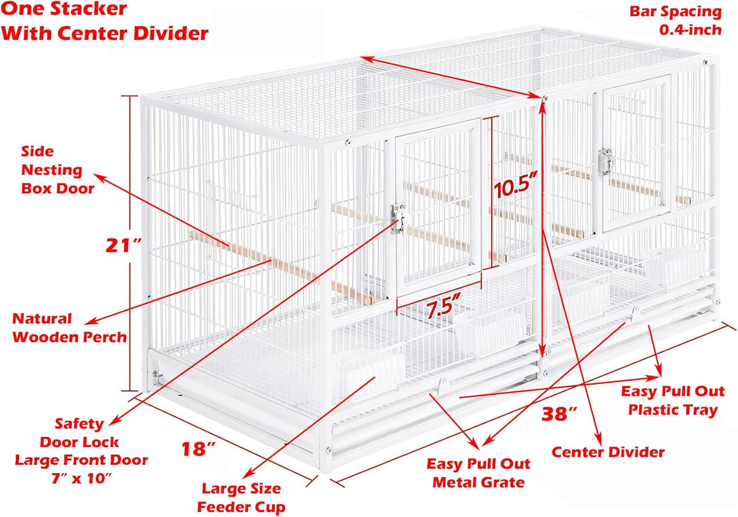 Combo Stacker Center Divided Breeder Breeding Bird Flight Double Rolling Cage for Aviaries Canaries Cockatiels Lovebirds Finches Budgies Small Parrots One Stacker