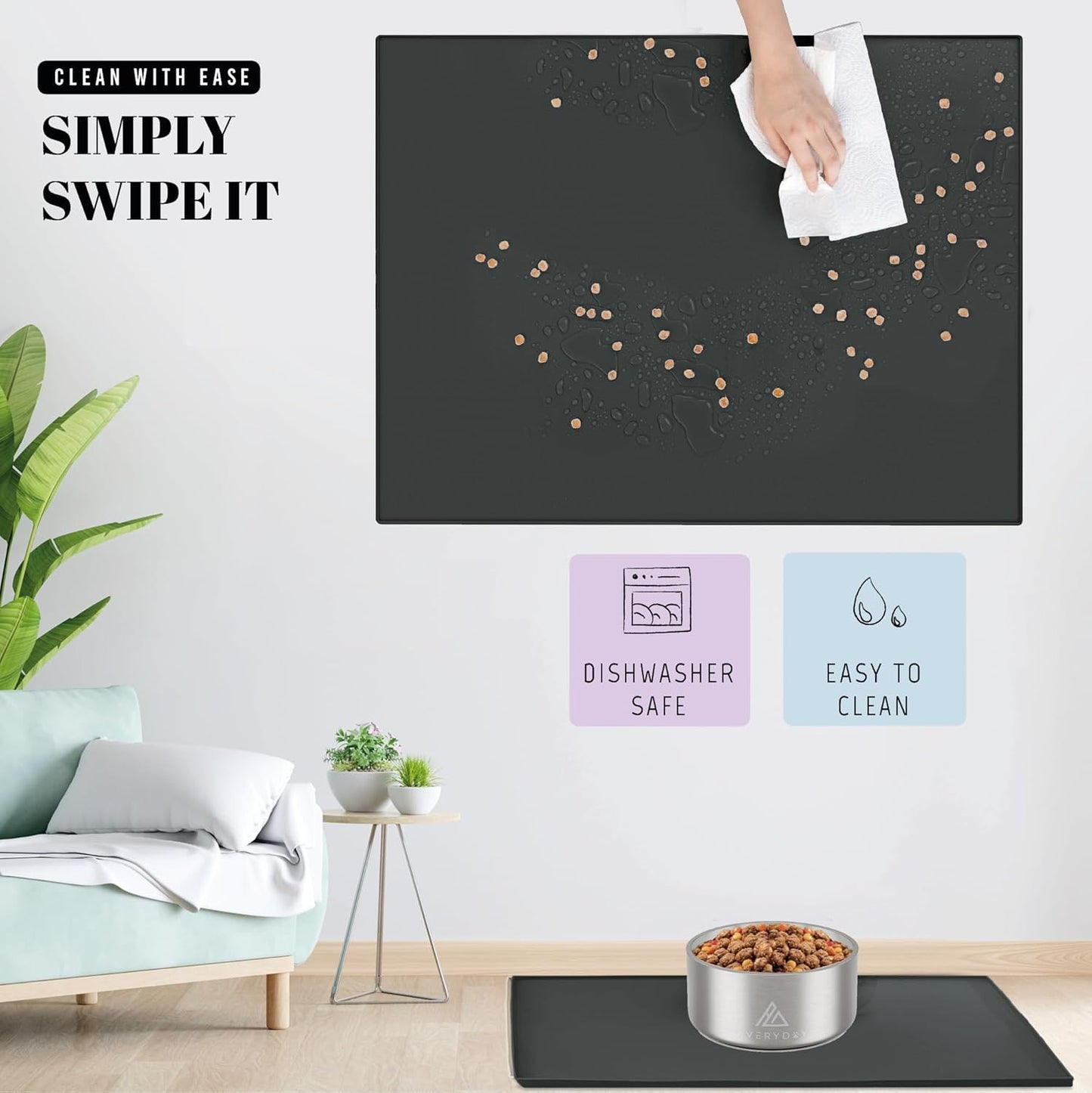 AVERYDAY 18x10'' Silicone Dog Mat for Food and Water, 0.63'' Edge Dog Food Bowl Mats for Floor Waterproof, Dogs Water Mat for Sloppy Drinker, Non Slip Rubber Pet Feeding Mats for Indoor Dogs and Cats