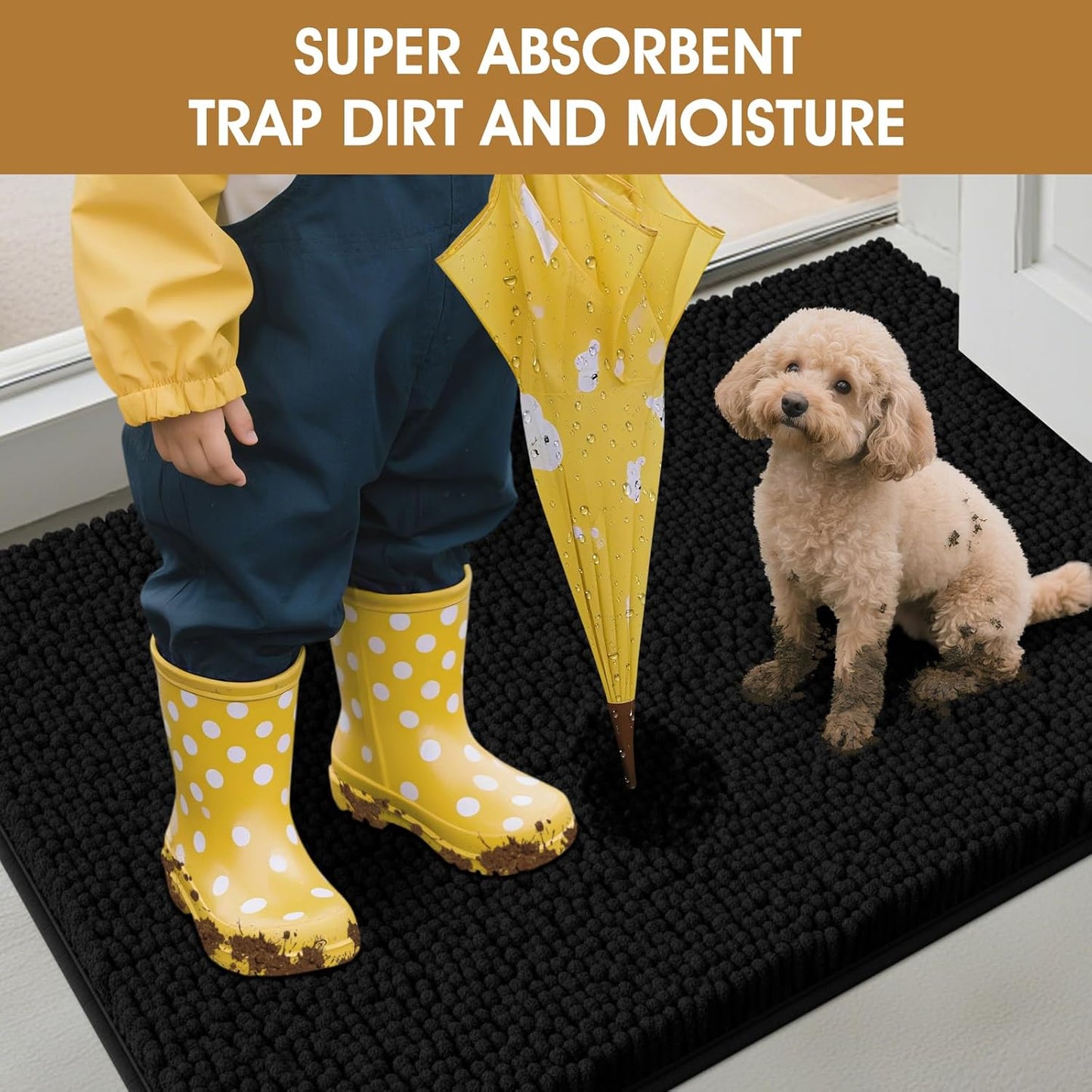 Dog Door Mats for Muddy Paws, Chenille Absorbent Dog Mats, Non Slip Heavy Mud Mat for Dogs, Soft Pet Mat for Entryway, Mud Paws, Inside Floor,48" x 38", Black