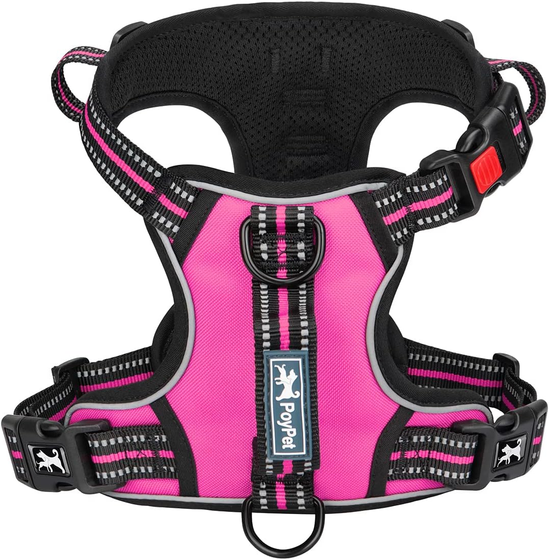 PoyPet No Pull Dog Harness, No Choke Front Clip Reflective Dog Vest with Soft Padded Vertical Handle, 3 Leash Attachments for Small Medium Large Dogs (Pink,L)