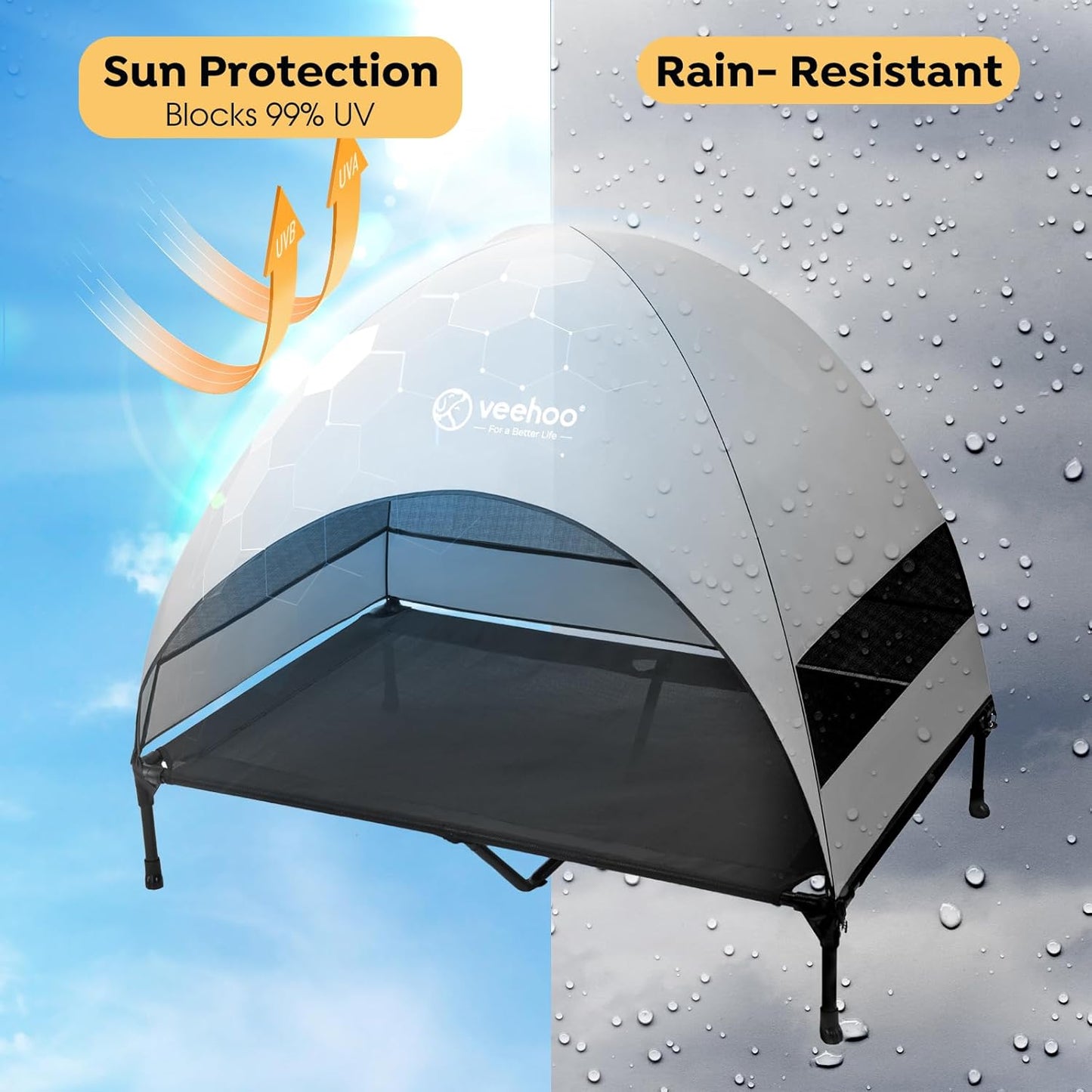 Veehoo Outdoor Dog Bed with Canopy, Cooling Elevated Pet Cot with Removable Shade, Non-Slip Feet, Raised Dog Cot for Large Dogs, Pet Tent Bed for Camping, Beach, XLarge, Black + Grey, CWC2411