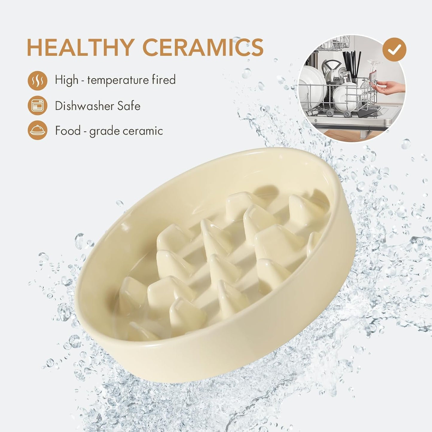 Ceramic 9.5 inch Dog Bowl Slow Feeder, Slow Pet Food Dish for Large Dog, Stop Bloat, Preventing Choking(Single Bowl, Beige)