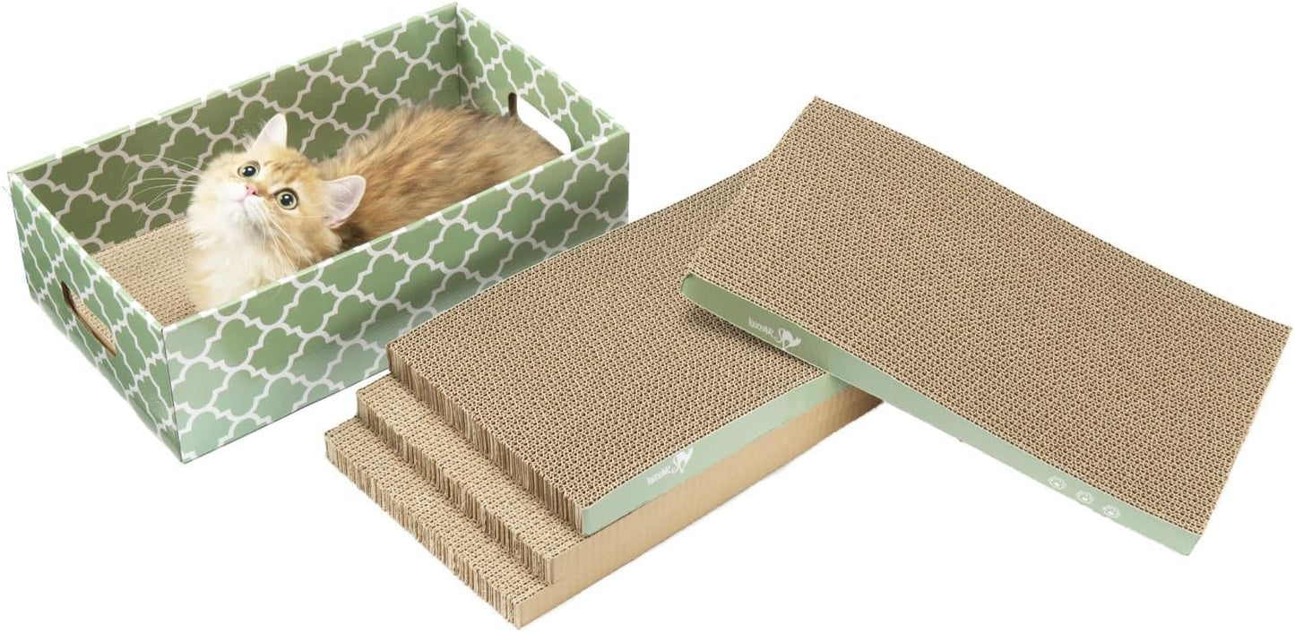 MECOOL Cat Scratching Board，5PC Cat Scratch Pad with Box，Reversible Corrugated Cat Scratcher Cardboard and Lounge Bed for Indoor Cats, Catnip