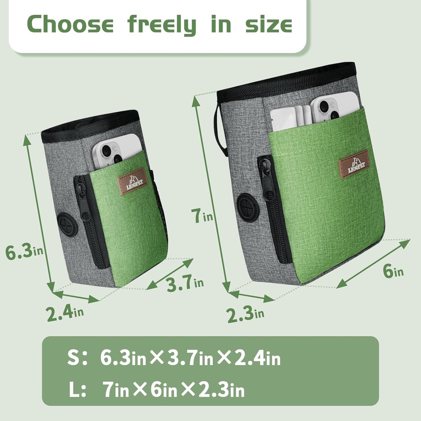 Upgraded large-sized Dog Treat Pouch with waist clip - Fashionable Green&Grey Design - Large Capacity Dog Treat Bag for Dog Walks,Outdoor Activities, Travel and Training - Includes 1 Poop Bags