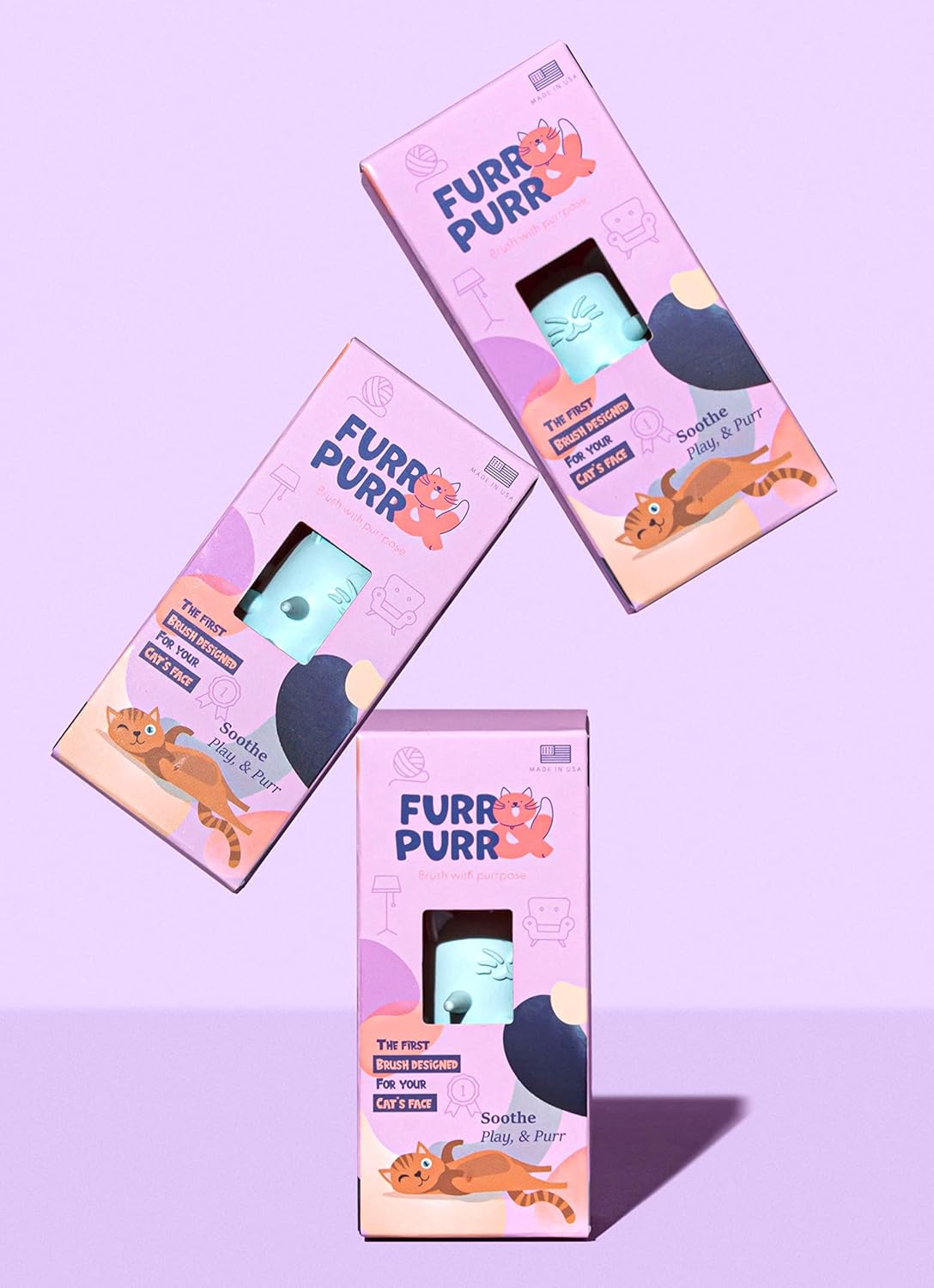 Furr&Purr Cat Brush, Scratcher, and Massager - Indoor Cat Calming Care with Face Scratcher, Finger Brush (3-Pack, Made in USA)