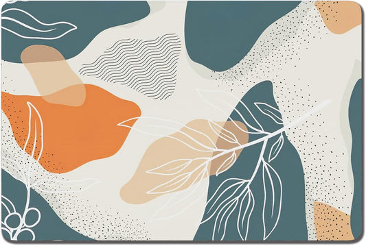 Rnivvi Dog Food Mat, 12" x 19" Boho Absorbent Dog Cat Bowl Mat for Food and Water, Cute Anti-Slip Rubber Pet Feeding Rug Protect Floors, Puppy Placemat for Feeding & Watering Supplies, Abstract Leaves