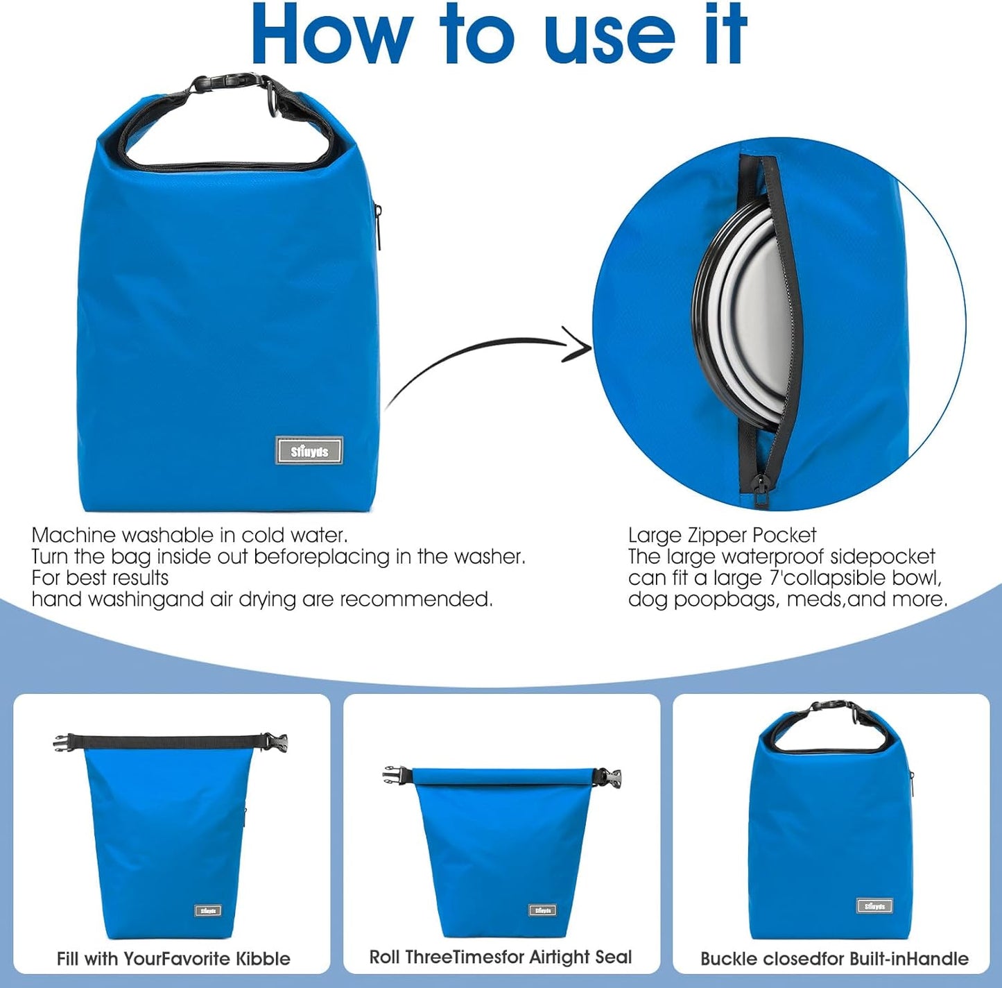 Pet Food Storage Bag,Dog Storage Organizer Bag w/2PCS Collapsible Dog Travel Bowls and Zipper Side(Blue, Small)