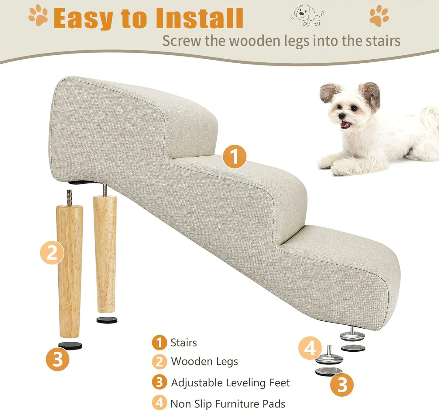 Senneny Imitation Linen Faux Leather Dog Stairs, for Pets up to 150 lbs, Waterproof, Scratch Resistant Pet Steps/Stairs with High Density Foam and Detachable Wooden Legs, Light Beige Linen, 3 Step