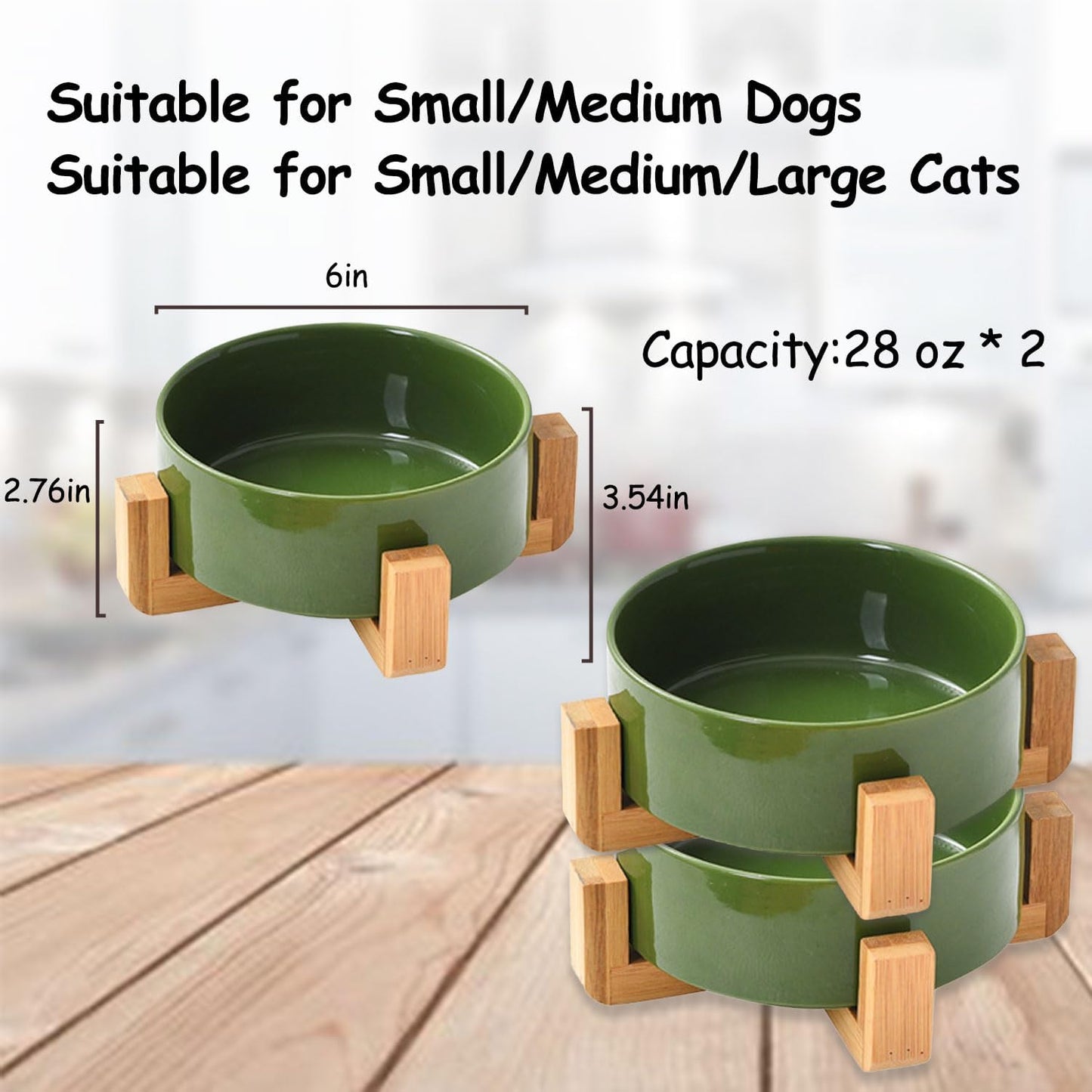 Petygooing Ceramic Dog Bowl Set with Stand, Cat & Dog Food and Water Bowls, Medium Size - Anti-Slip Set of 2 - 28 OZ /3.6 Cups - Rust Green