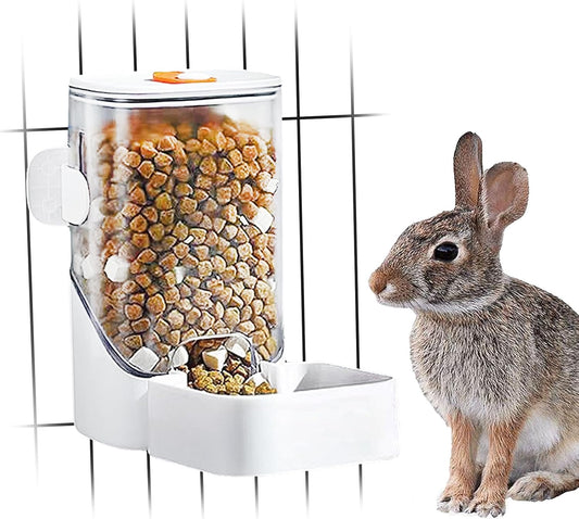 34oz Automatic Rabbit Feeder for Cages, Hanging Auto Bunny Food Bowl Dispenser Small Aniaml Cage Accessories for Ferret Guinea Pig Rat Rabbit Cat Puppy (White)
