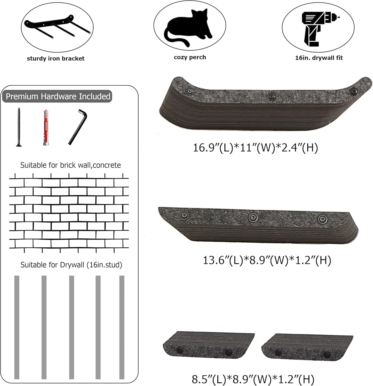 Wall Mounted Cat Shelves and Perches,Scratchable Cat Beds & Furniture for Indoor Cats, Soft PET Felt Feline Climbing Wall Set, Modern Jungle Gym System for Lounging and Sleeping (Set of 4-Grey)