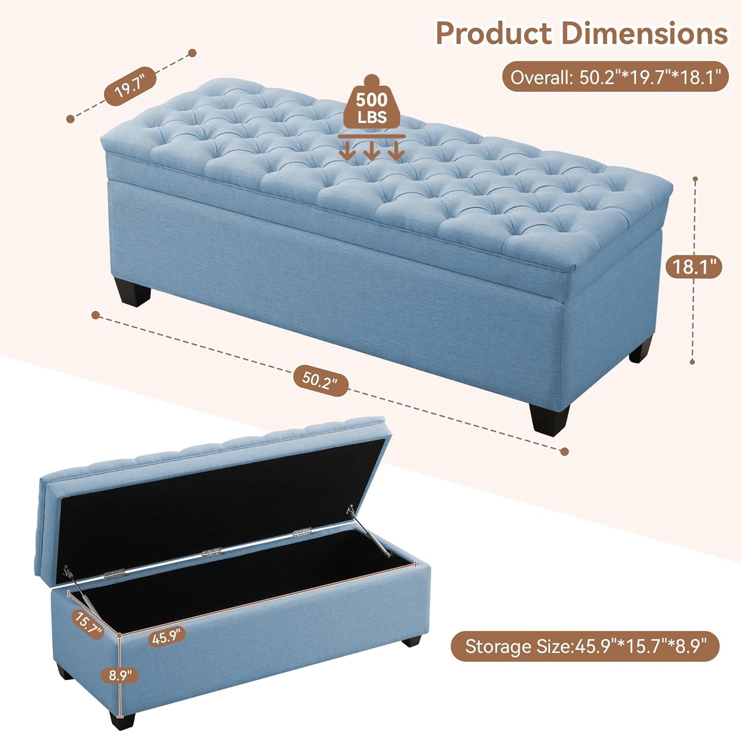 51" Fabric Storage Ottoman Bench, Upholstered Rectangle End of Bed Storage Ottoman Tufted Living Room Bedroom Bench with Safety Hinge, Solid Wood Legs, Loads 500 lb(Light Blue)