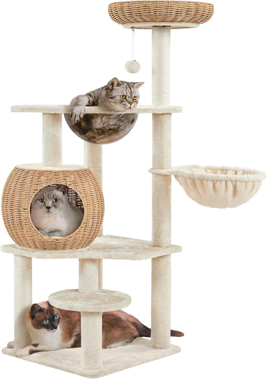 Yaheetech 54in Rattan Cat Tree, Modern Tower with Breathable Woven Condo, Scratching Posts & Washable Cushions, Naturally Cool in Summer, Cute Furniture for Indoor Cats