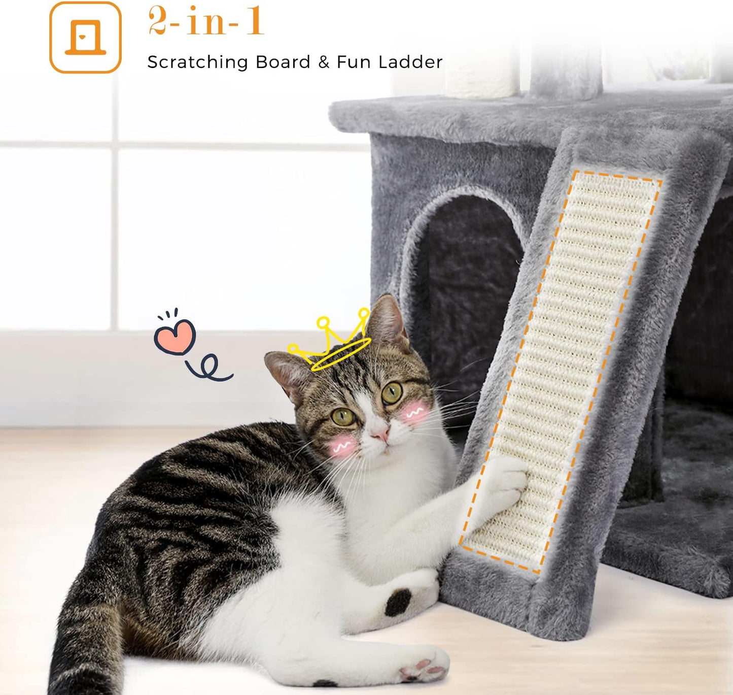 PAWZ Road 34 Inches Cat Tree Multilevel Cat Tower with Double Condos, Spacious Perch, Fully Wrapped Scratching Sisal Post and Replaceable Dangling Balls Gray