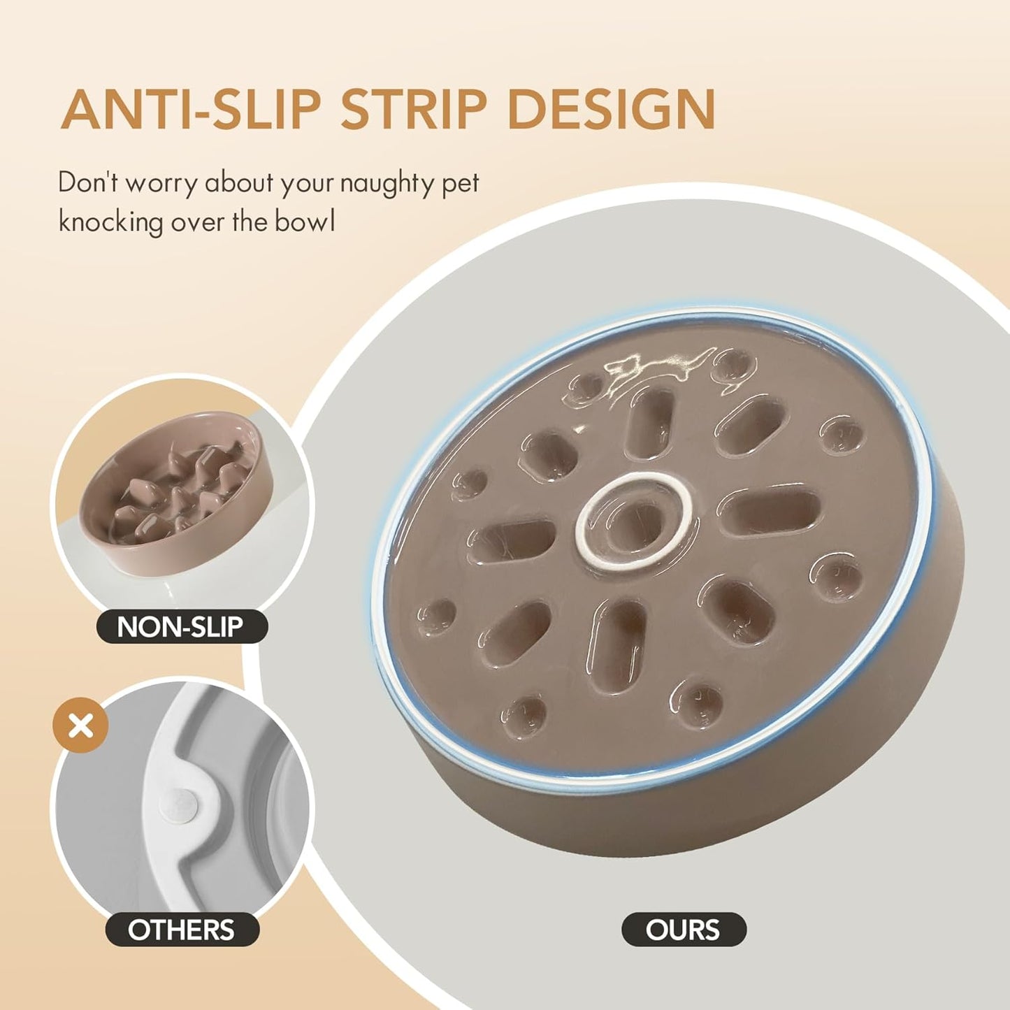 Ceramic 6.1inch Dog Bowl Slow Feeder, Slow Pet Food Dish for Small Dog and Cat, Stop Bloat, Preventing Choking(Single Bowl, Brown Coffee)