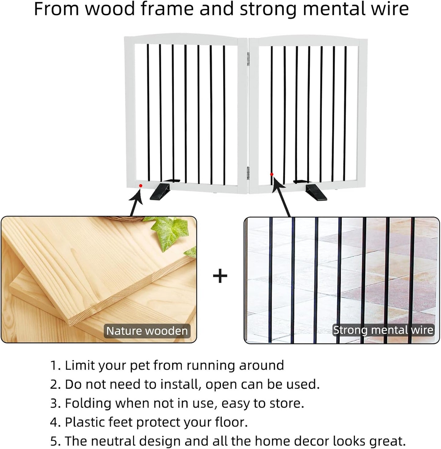 ZJSF Freestanding Panel Dog Gate for Indoor, Doorways,Stairs, or Hallways,Foldable Wooden White Pet Gates for House,Pet Gate for Dogs,Dog Fence, Puppy Gate,Support Feet Included, 32 "Height-2 Panels