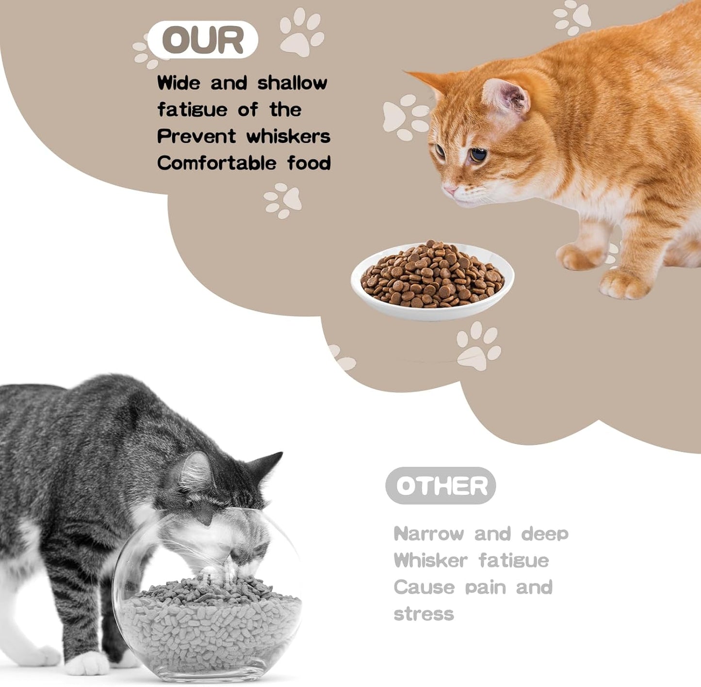 6 Pack Cat Food Bowl, Ceramic Cat Bowls, Anti Whisker Fatigue Cats Bowl Set,5.5 Inches Shallow Wide Kitten Plates for Food and Water (Cat's Paw+Fishbone)