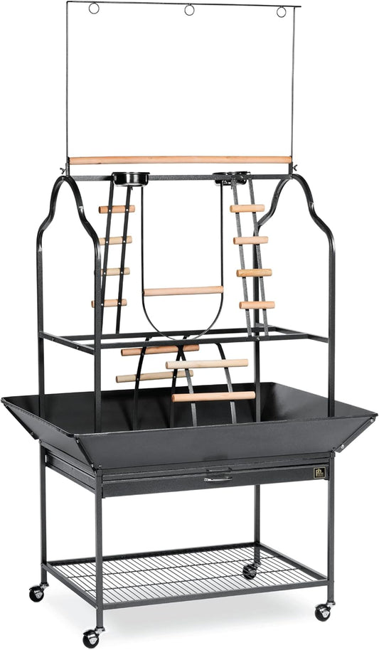 Prevue Pet Products Large Parrot Playstand with Wheels, Bird Stand Activity Play Center with Perches and Ladders, Indoor Outdoor Playground for Birds, Black Hammertone Finish