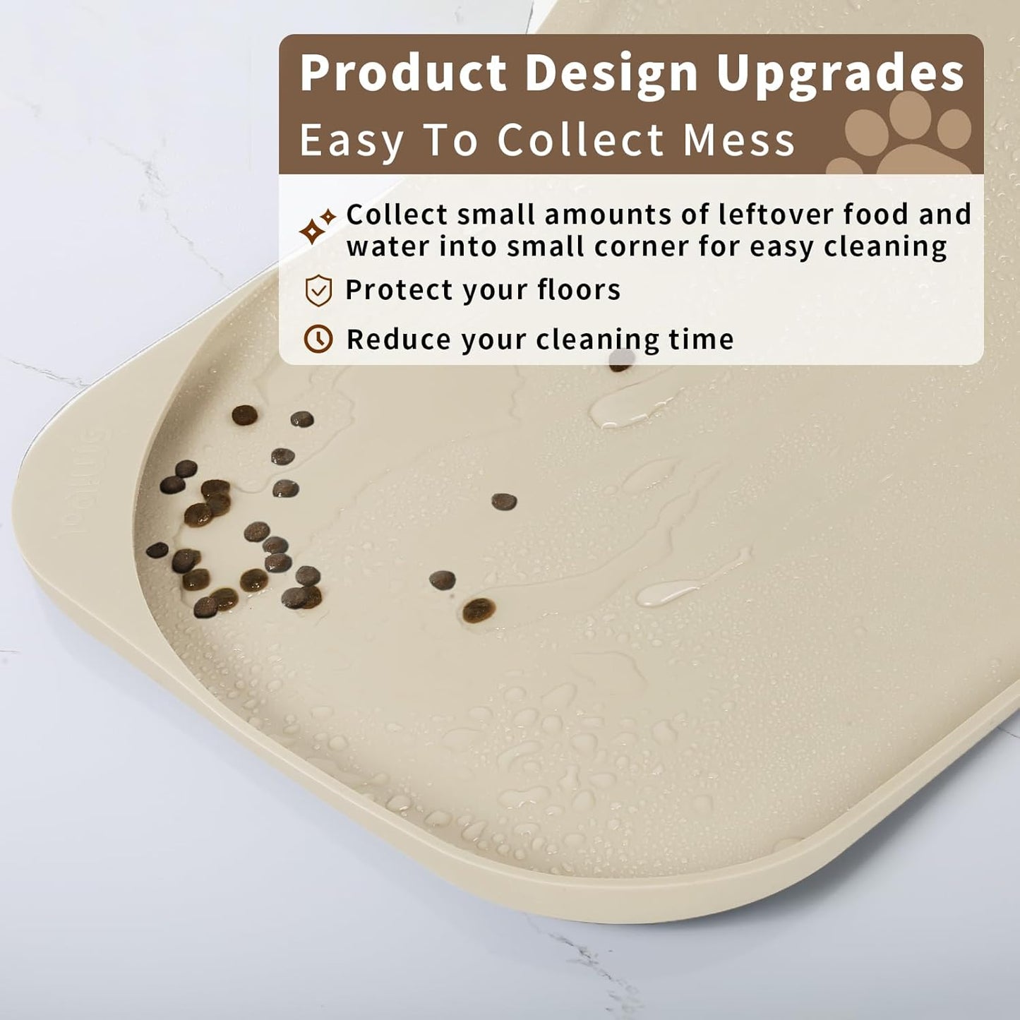 Silicone Pet Feeding Mat with Raised Edge & Residue Collection Pocket for Food and Water, Dog Bowl Mats, Cat Bowls Placemat with High Lip for Floor Waterproof, 24 x 16 x 0.8 White Sand