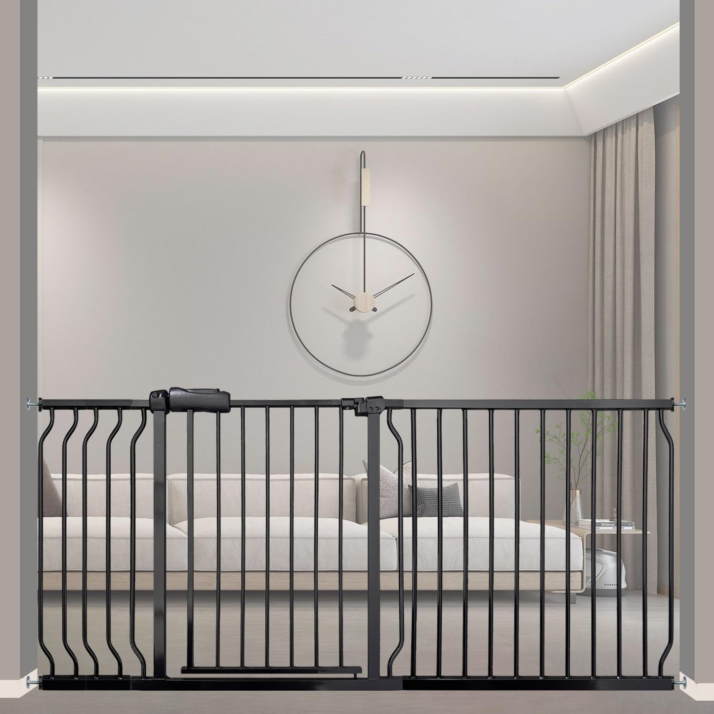Wide Baby Gate 67-71.5 Inch Heavy Duty Steel Safety for Stairs, Pressure-Mounted Indoor Dog, No Drilling, Modern Home Design, Black