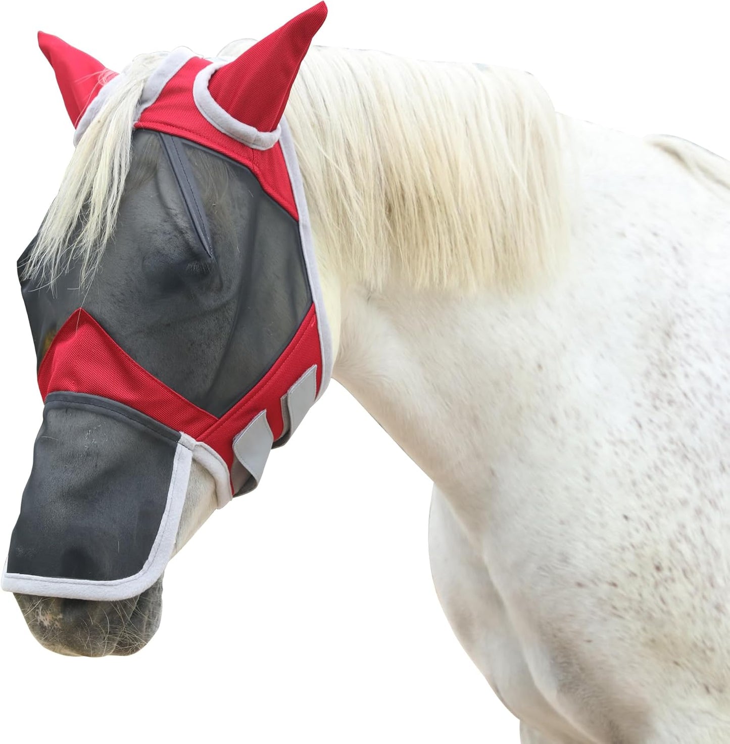 Horse Fly Mask with Ears & Long Nose Cover | Forelock Opening for Tangle-Free Mane Care | UV Protection & Breathable Mesh | No Rub Fit and Enhanced Visbility for Trail Riding Red Pony
