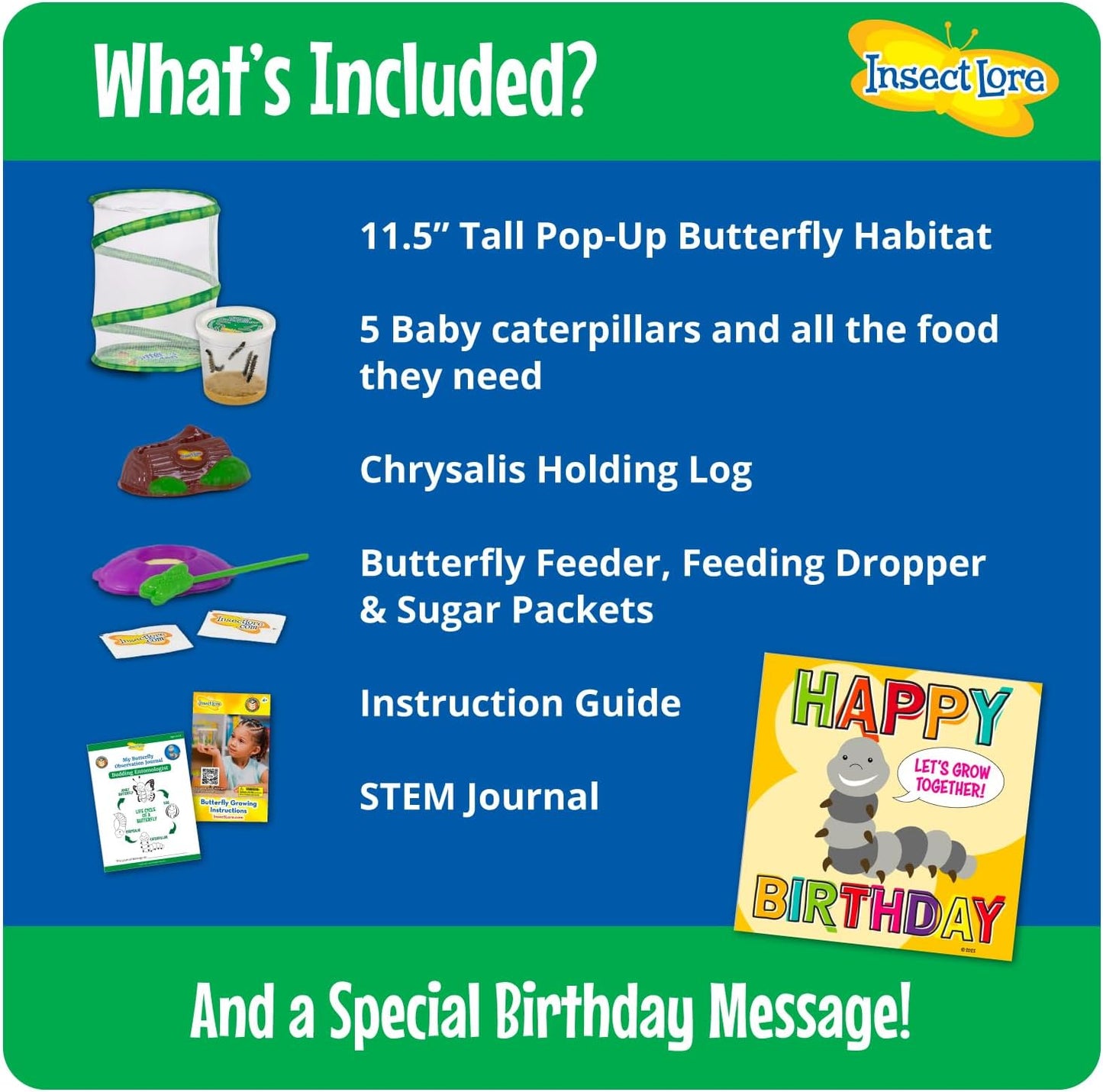 Insect Lore Butterfly Garden with Giant Birthday Card | 5 Live Baby Caterpillars | STEM Journal, Habitat, Chrys-A-Lid, Feeder | Raise and Release Painted Lady Butterflies