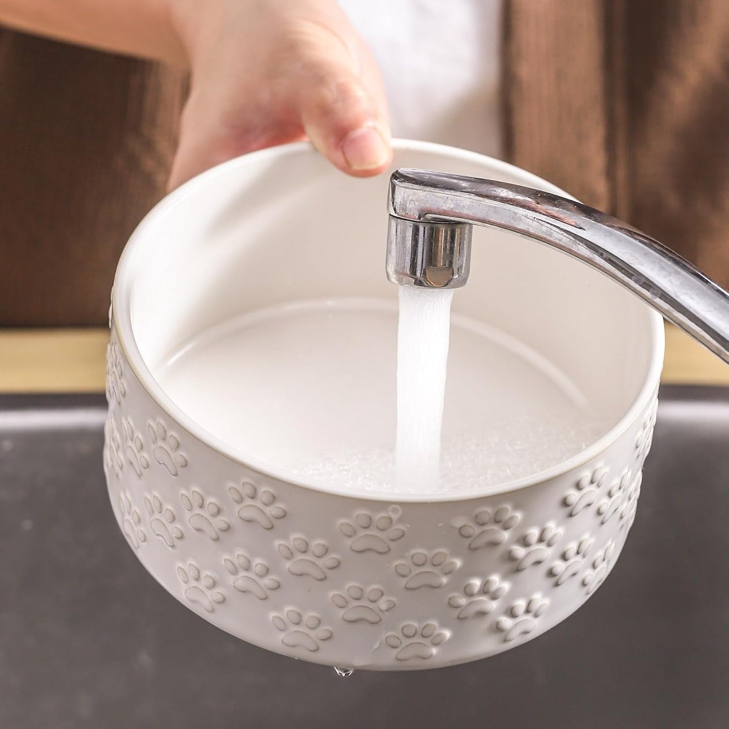 UBEE Ceramic Dog Bowl Set of 2, 5.1 inch Dog Dish Food Bowl with Paw Pattern, Pet Food Water Dish Feeding for Small Dogs and Large Cat, White