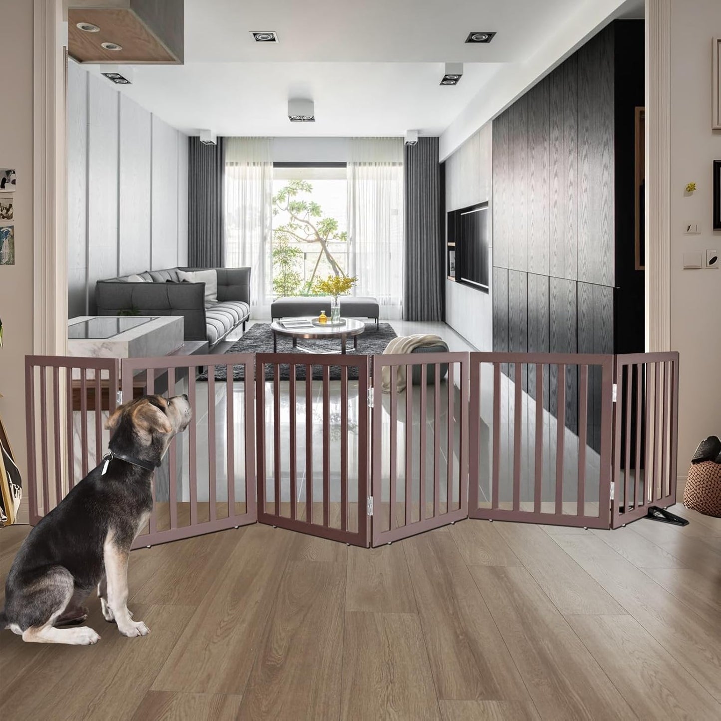 ZJSF Freestanding Indoor Dog Gate for House Foldable Wood Puppy Gate for Doorways Pet Gate for Stairs Extra Wide Pet Fence, Brown, 24" Height 6 Panels