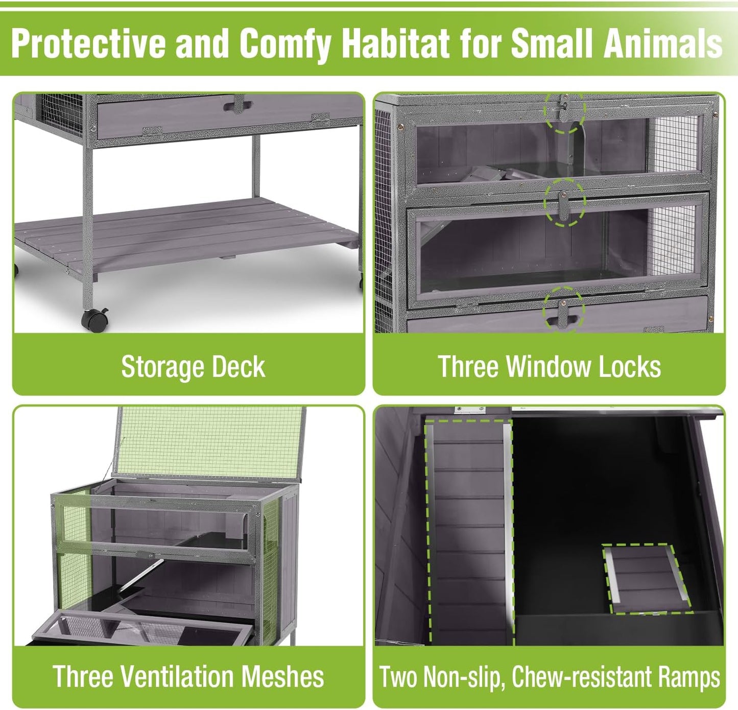GUTINNEEN Guinea Pig Cage for Small Animals, Hamster Cage with Metal Iron Frame & Chew-Proof Aluminum Edges, 2-Story Small Animal Cage with Leak-Proof Tray, Hideout, and Storage Shelf, Black