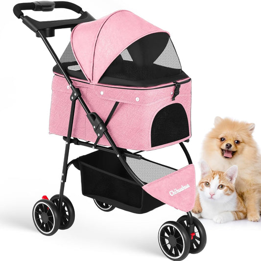 Pet Stroller,Dog Stroller for Small Medium Dogs Cats,3 Wheels,Foldable,with Breathable Mesh Canopy,Cup Holders,Easy Assembly,Pink