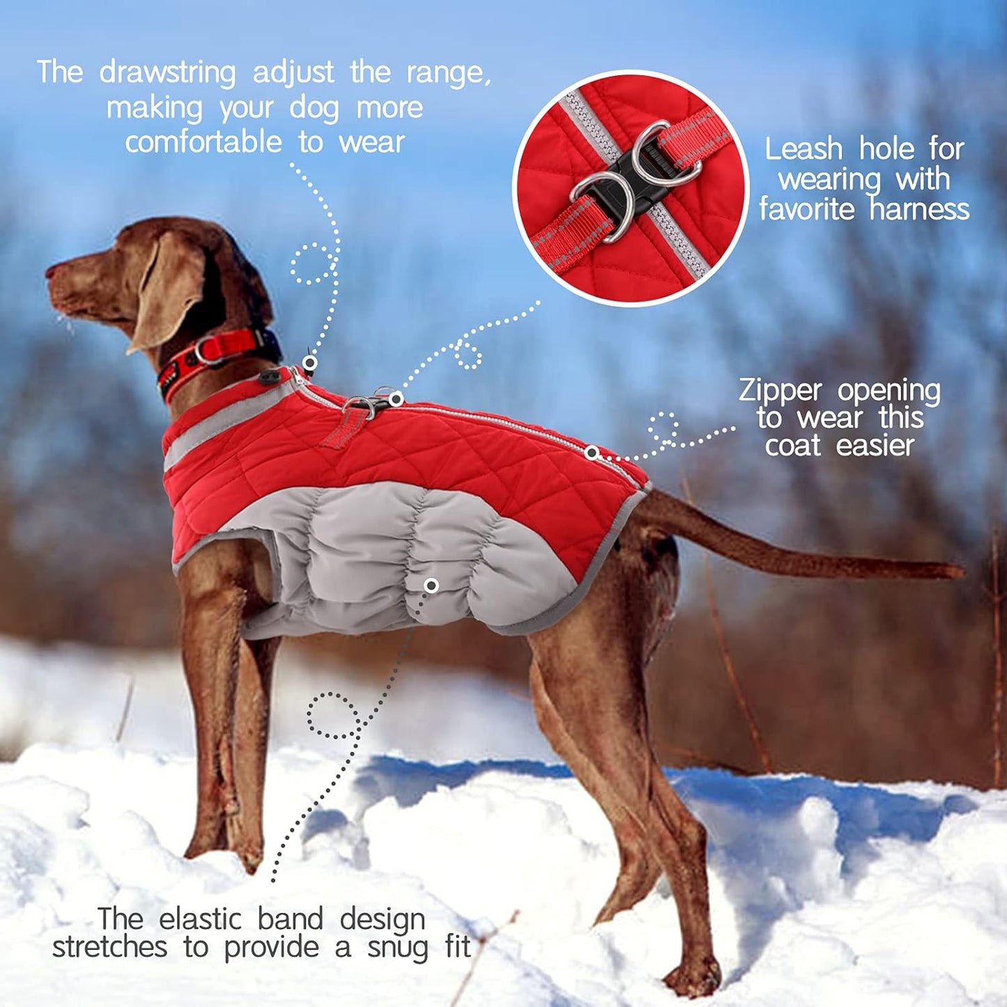FUAMEY Dog Coat for Large Dogs,Waterproof Dog Winter Jacket with Harness Built in Puppy Cold Weather Coats Reflective Pet Vest with Zipper Warm Fleece Dogs Snowsuit Windproof Red L