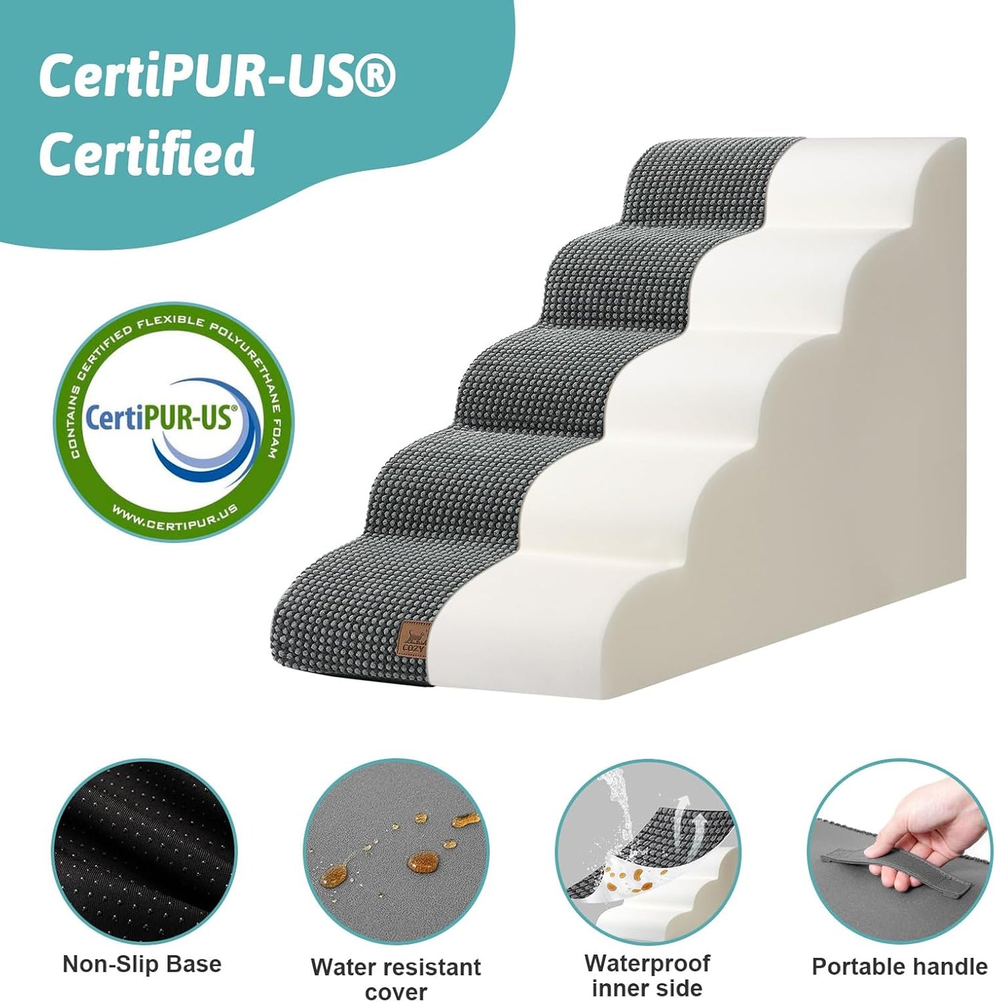 Dog Stairs for High Bed 22.6" H, Small Dog Step for Puppy, Older or Cat, Curved Ramp for Car, Ladder with High Density Foam, Lightweight, Durable, 15.7x33x22.6 inch, 5 Step, Dark Grey