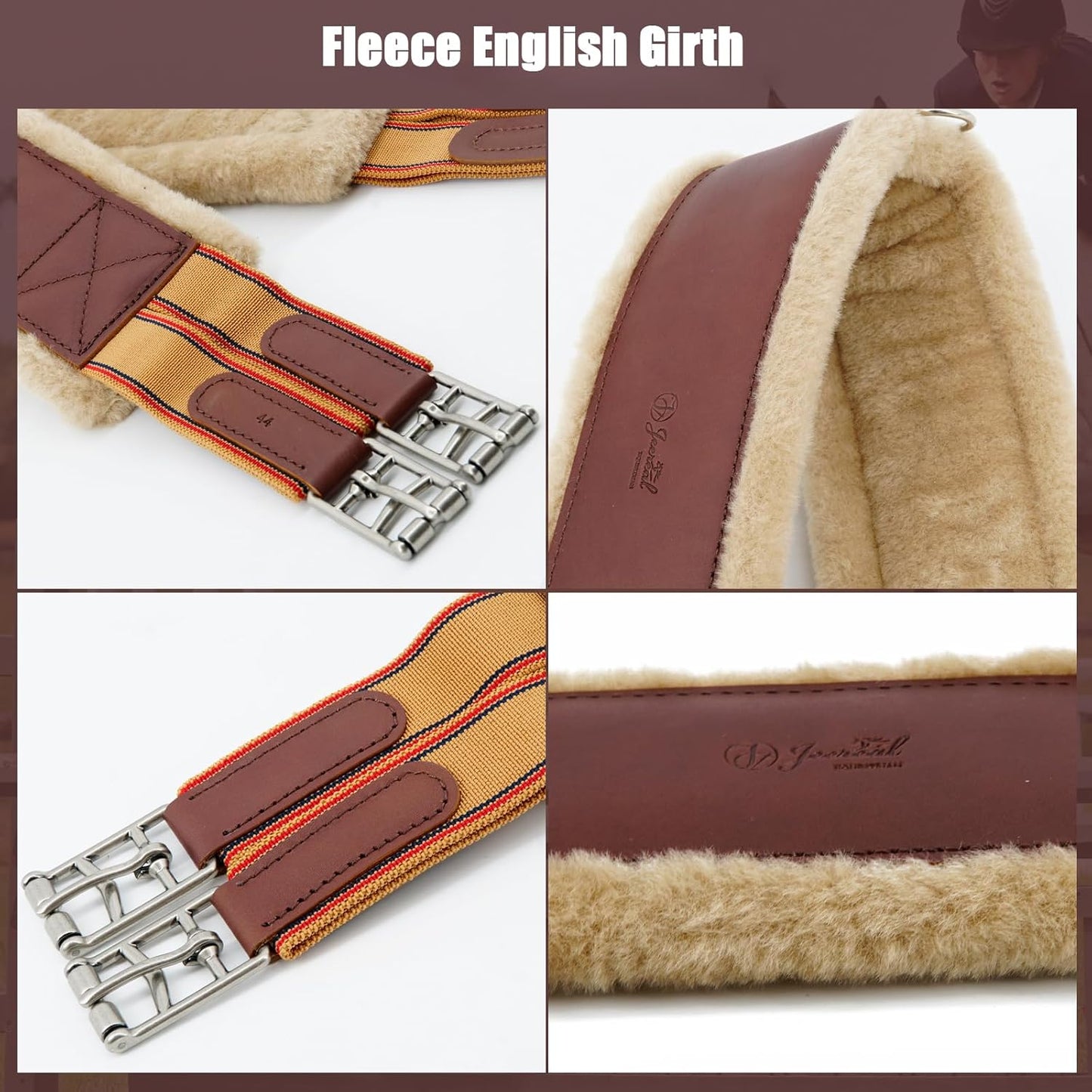 Jeereal Fleece English Girth | Breathable Horse Girth for English Saddle with Double Heavy Duty Elastic - Genuine Leather and High-Strength Webbing Stitched