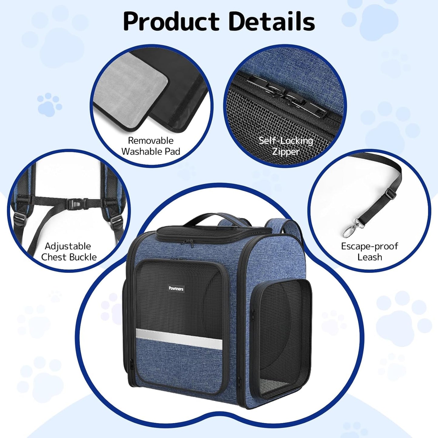 Pawtners Cat Carrier Backpacks Expandable Pet Backpack with Breathable Mesh, Pet Carrier Backpack for Cats Small Dogs Puppies Up to 18 Lbs, Dog Carrier Backpack for Travel Hiking Camping Outdoor Blue