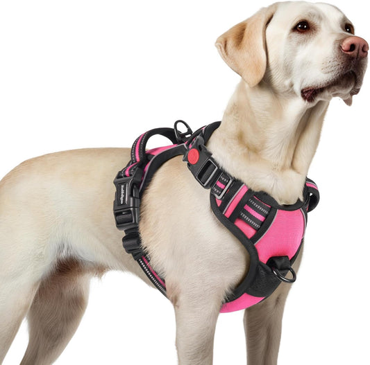 rabbitgoo Dog Harness for Large, No Pull Pet Harness with 3 Buckles, Adjustable Soft Padded Vest with Control Handle, Walking Reflective Pet Vest for Large Dogs, Rose Pink, L