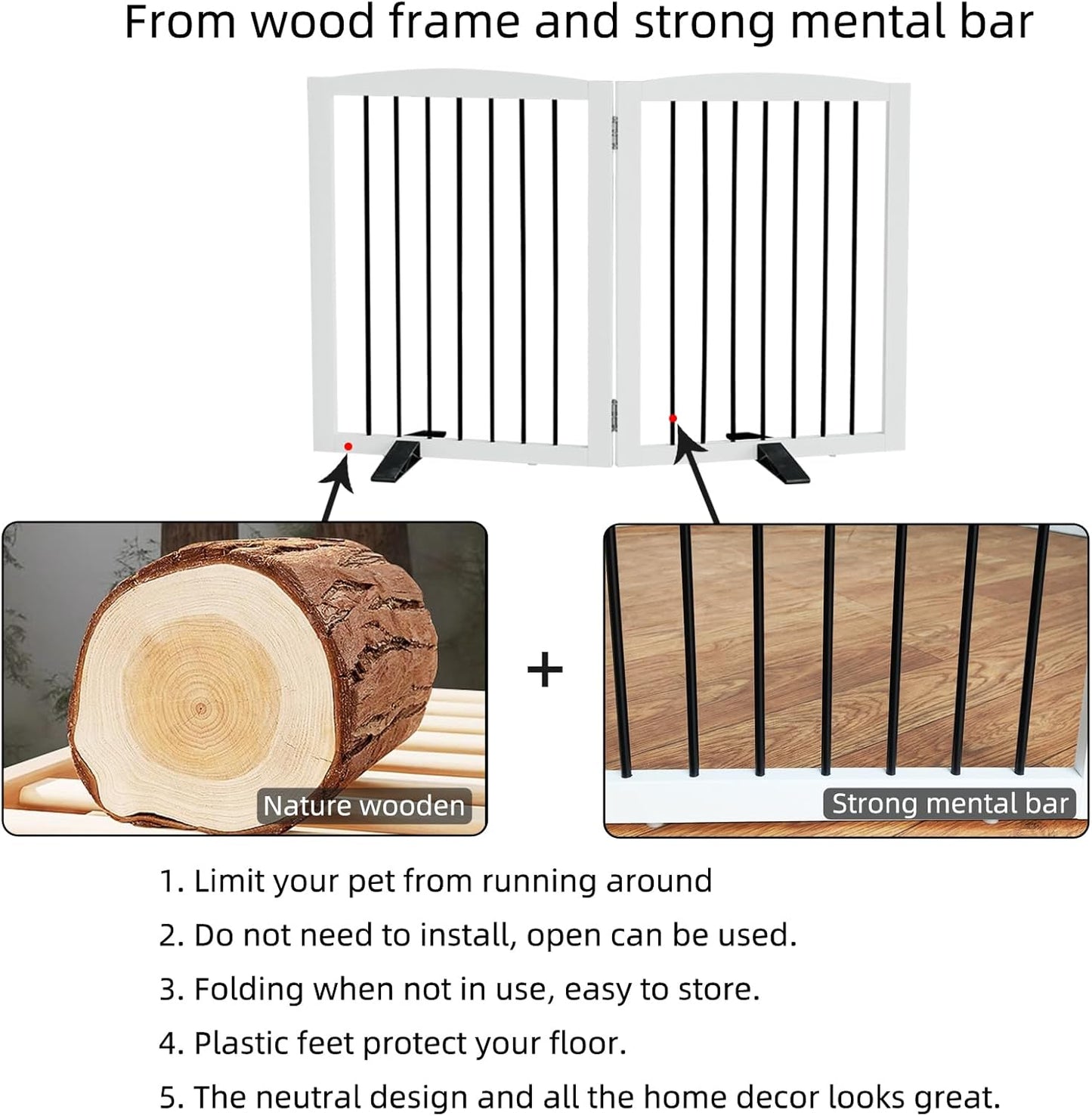 Freestanding Panel Gate for Indoor Doorways, Stairs, or Hallways, Foldable Wooden Gate for Dogs, Support Feet Included, 24" Height - 2 Panels, White